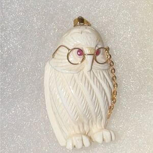 Vintage Hand-carved Bone Owl With 14k Solid Gold Accessories And Ruby Eyes